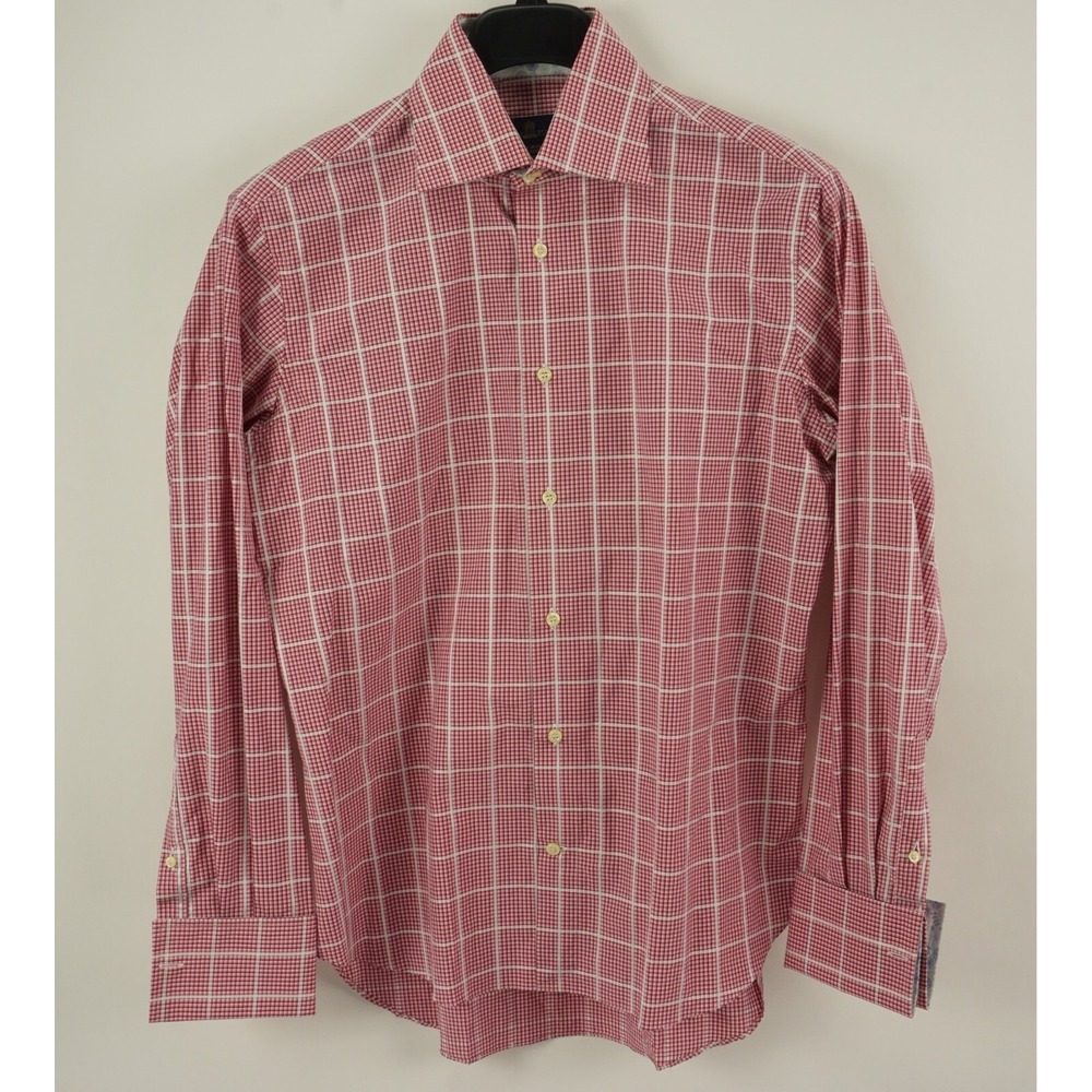Eredi Pisano Mens 15.5 34 Red White Checkered French Cuff Casual Button Up Shirt